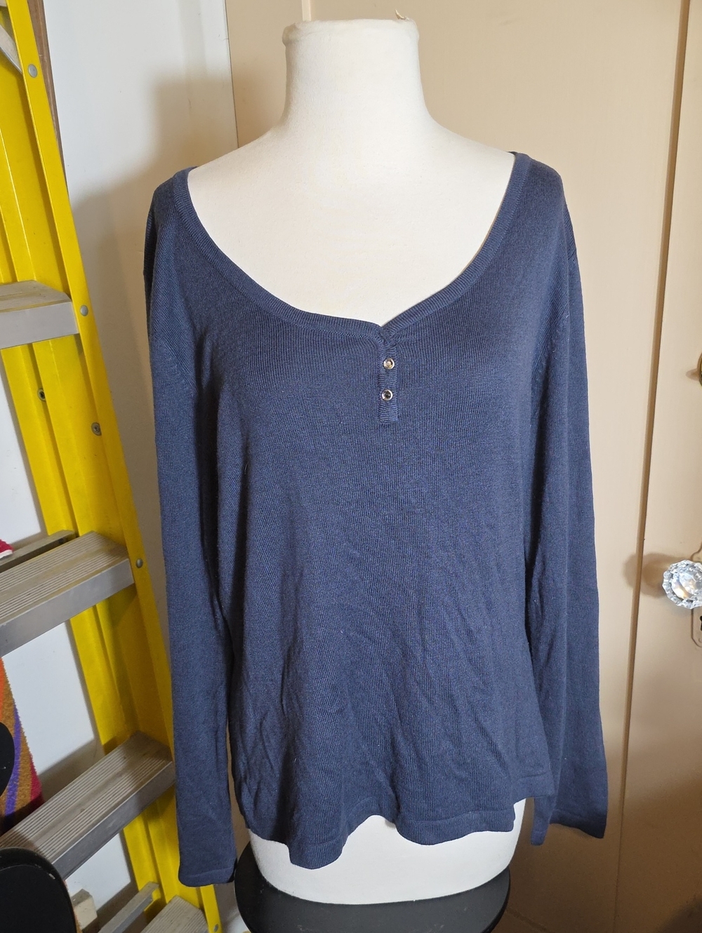 Apostrophe Navy Long-Sleeve Henley Scoop Neck Top